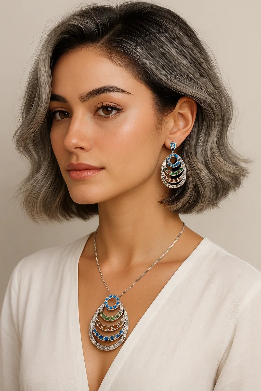 Plated Silver Toned Brass Multicolor Crystal Jewellery Set For Women - ARBANCIA