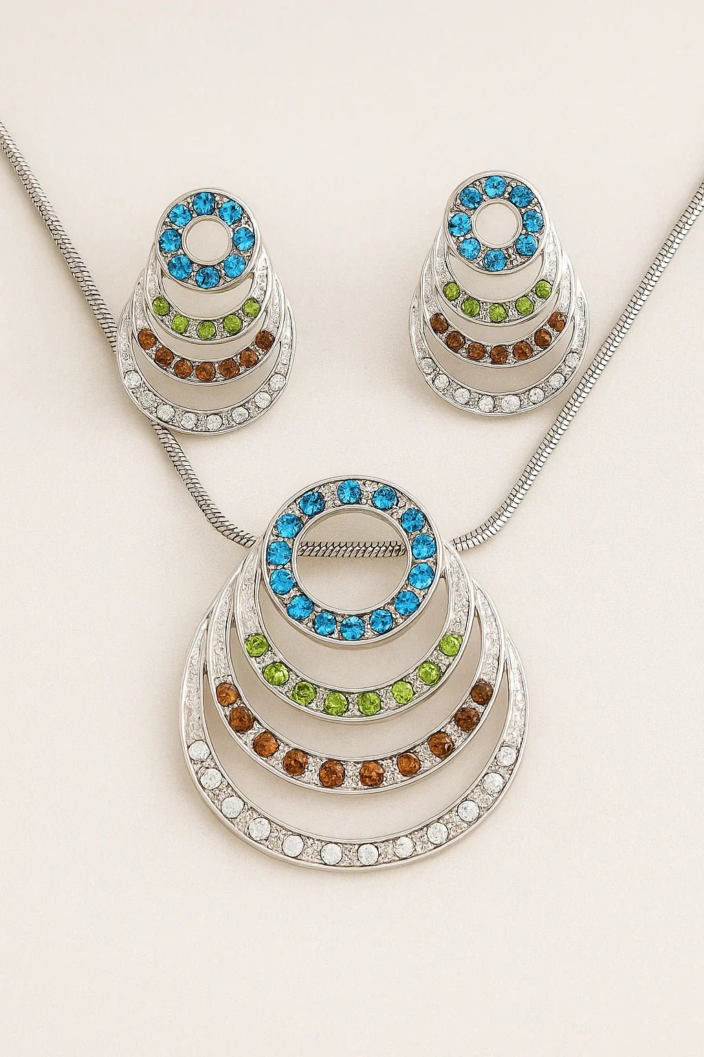 Plated Silver Toned Brass Multicolor Crystal Jewellery Set For Women - ARBANCIA