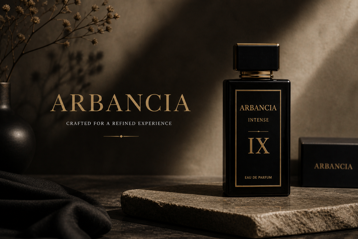 ARBANCIA perfume bottle on a stone surface with a dark background