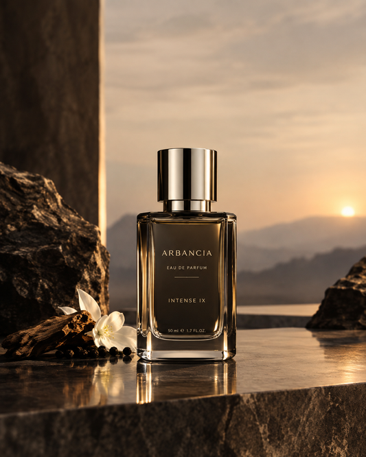 A bottle of Arbancia Intense 1X Eau de Parfum stands on a dark stone surface with a sunset landscape and rocks in the background. The bottle is clear glass with dark amber liquid and a shiny silver cap.