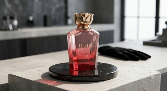 A faceted pink glass perfume bottle with a gold rose-shaped cap sits on a round black marble coaster on a light stone countertop. The bottle is embossed with the text 'DESIRE N9'.
