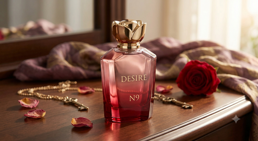 A pink glass perfume bottle labeled 'DESIRE N9' with a gold lotus cap, set on a wooden table with a red rose, gold key, and scattered rose petals.