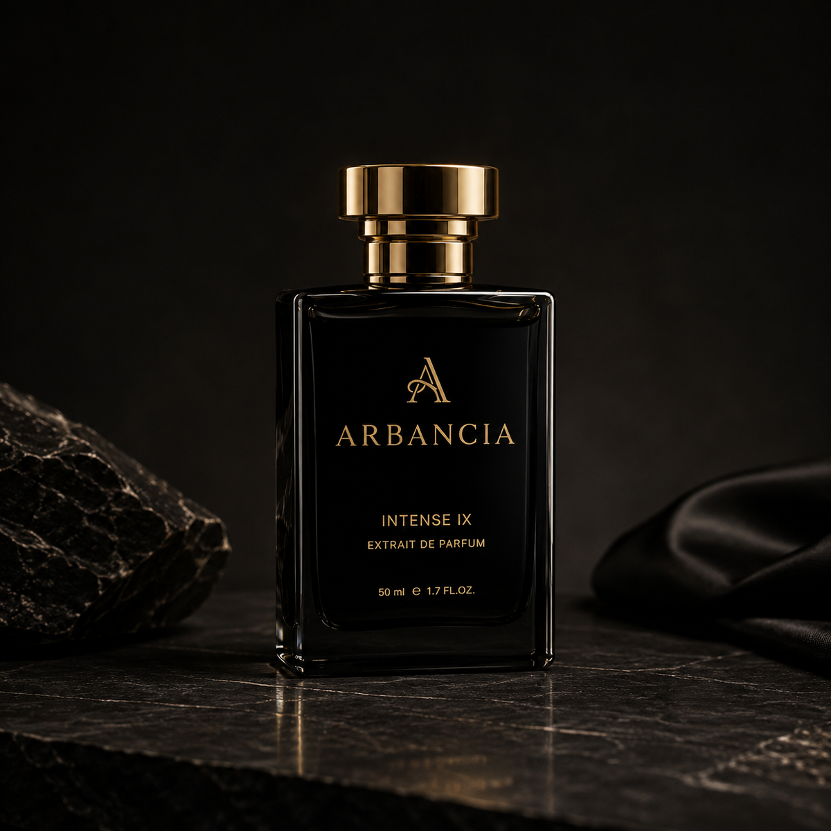Black perfume bottle with gold cap labeled 'ARBANCIA' on a dark background