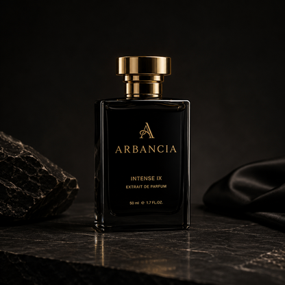 Black perfume bottle with gold cap labeled 'ARBANCIA' on a dark background