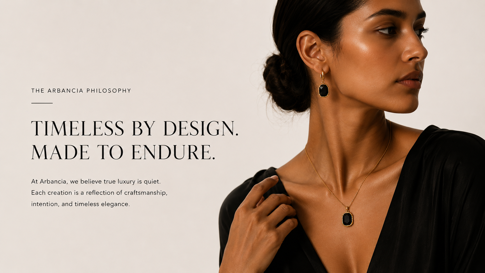 Woman wearing a necklace with text about Arbancia's philosophy on a beige background