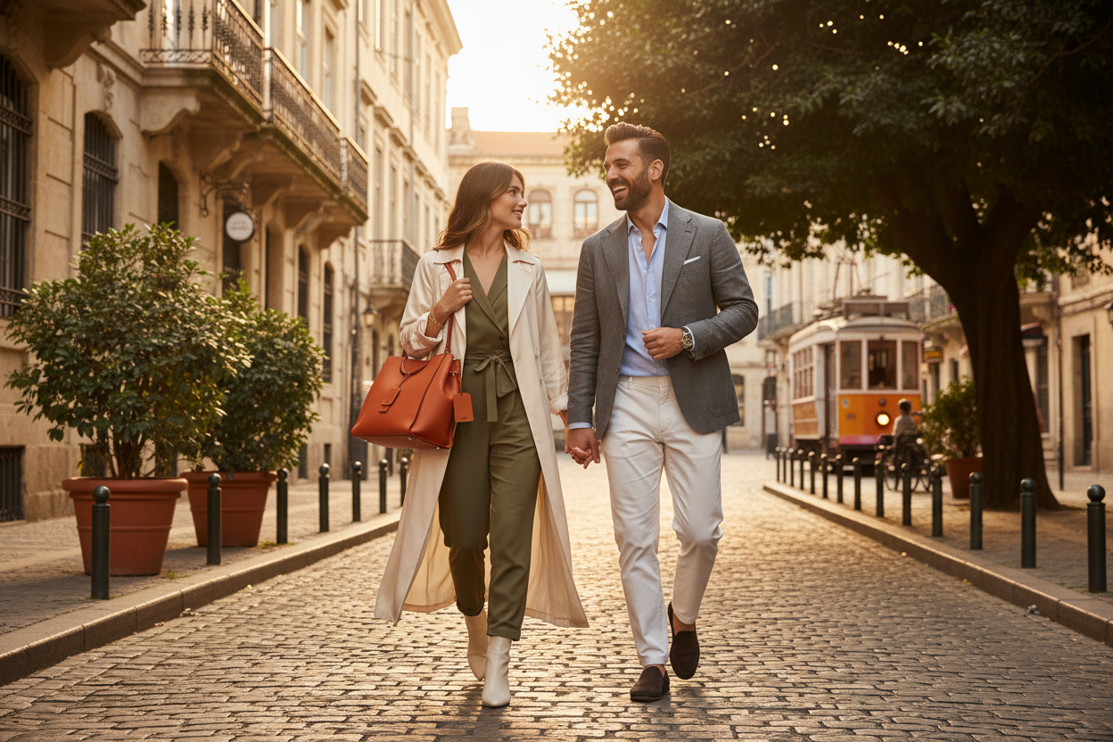 Couple walking hand-in-hand on a city street with a vintage tram in the background.