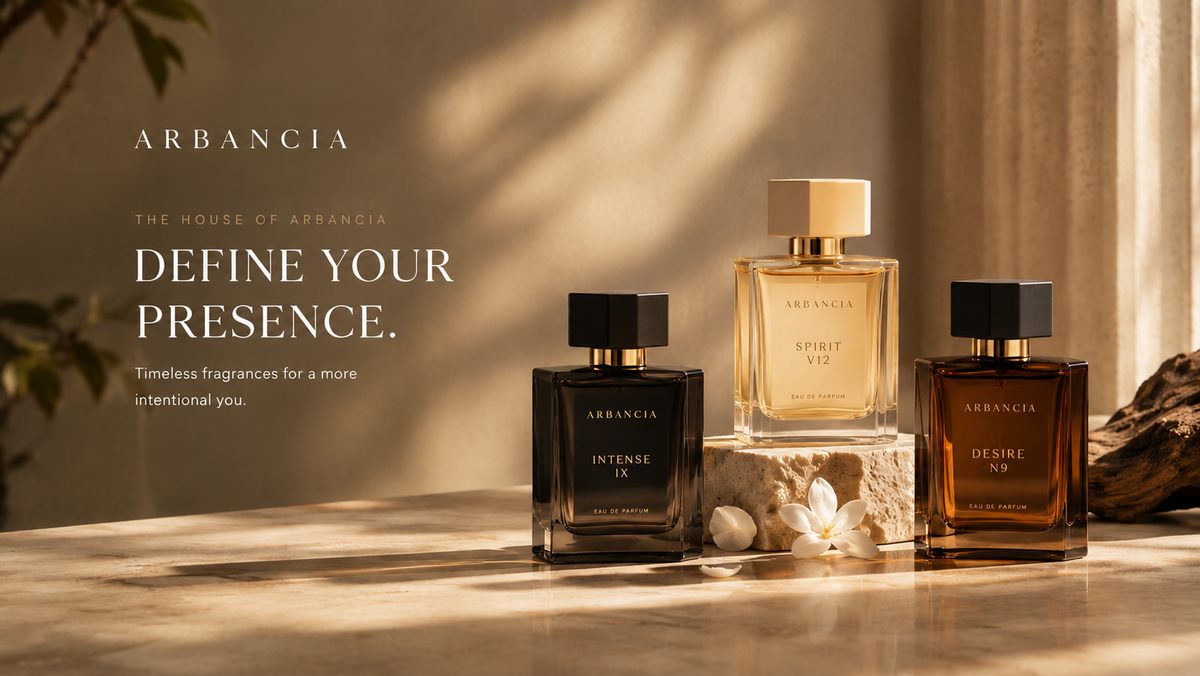 Three Arbancia fragrance bottles arranged on a tabletop in warm sunlight, with the brand name and slogan 'Define Your Presence' printed on the left. The bottles include black, gold, and amber tones with black caps.