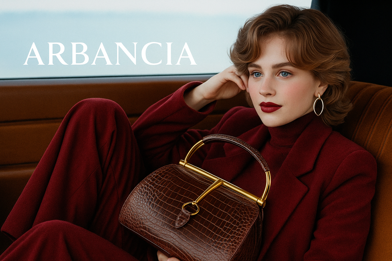 Woman holding a brown handbag with gold accents, wearing a red coat, sitting in a vehicle. Arbancia brand visible.