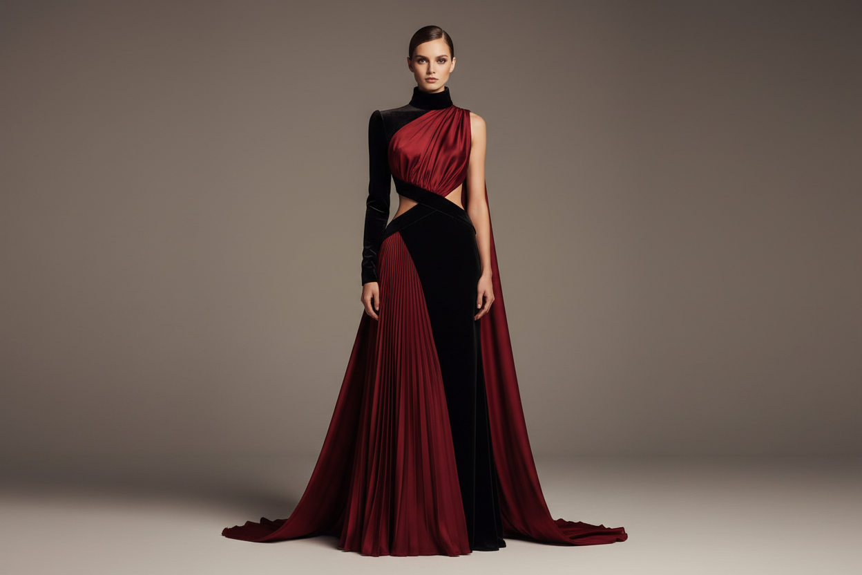 FASHION MODEL WEARING DARK RED AND BLACK COMBINATION DRESS